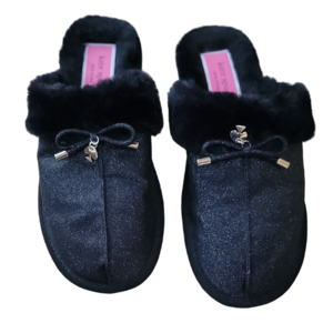 Kate Spade New York Black Lacey Glitter Faux Suede Fur Slippers Size Sm/Med NWOT